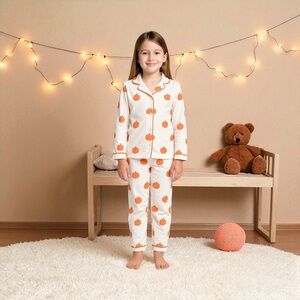 Sugar Bee Kids‎ Loungewear Set Size 12 White Orange Pumpkin Halloween